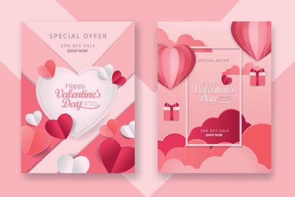 Valentine's day concept posters set with red 3d and pink paper hearts and frame on geometric background. Cute love sale banners or greeting cards