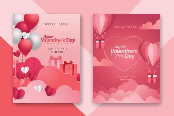 Valentine's day concept posters set with red 3d and pink paper hearts and frame on geometric background. Cute love sale banners or greeting cards