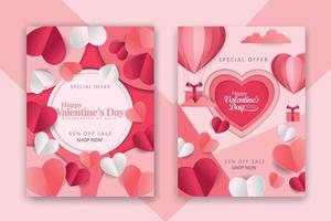 afiches conceptuales del día de san valentín con corazones de papel rojo 3d y rosa y marco sobre fondo geométrico. lindas pancartas de venta de amor o tarjetas de felicitación vector