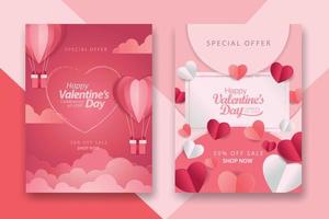 afiches conceptuales del día de san valentín con corazones de papel rojo 3d y rosa y marco sobre fondo geométrico. lindas pancartas de venta de amor o tarjetas de felicitación vector