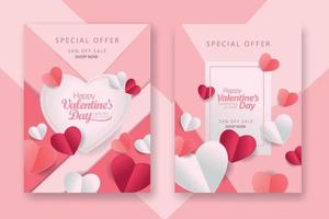 afiches conceptuales del día de san valentín con corazones de papel rojo 3d y rosa y marco sobre fondo geométrico. lindas pancartas de venta de amor o tarjetas de felicitación vector