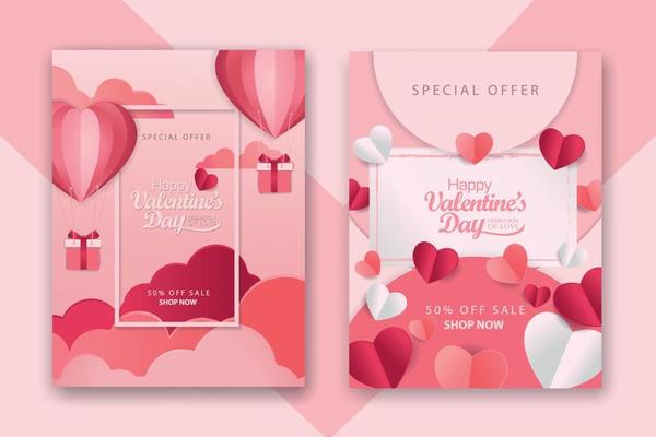 Valentine's day concept posters set with red 3d and pink paper hearts and frame on geometric background. Cute love sale banners or greeting cards