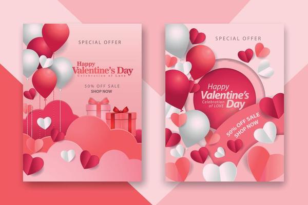 Valentine's day concept posters set with red 3d and pink paper hearts and frame on geometric background. Cute love sale banners or greeting cards