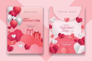 afiches conceptuales del día de san valentín con corazones de papel rojo 3d y rosa y marco sobre fondo geométrico. lindas pancartas de venta de amor o tarjetas de felicitación vector