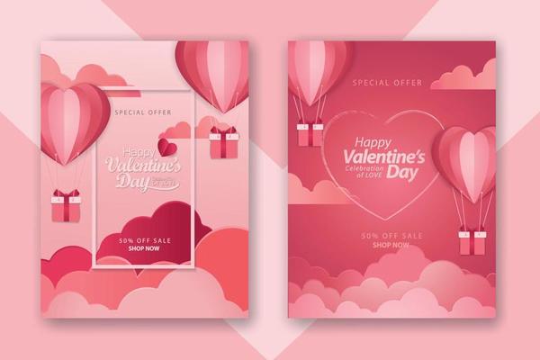 Valentine's day concept posters set with red 3d and pink paper hearts and frame on geometric background. Cute love sale banners or greeting cards