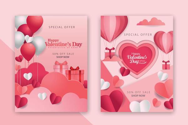 Valentine's day concept posters set with red 3d and pink paper hearts and frame on geometric background. Cute love sale banners or greeting cards