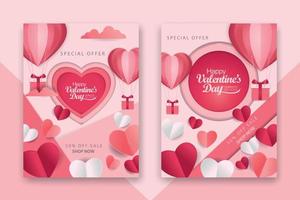 afiches conceptuales del día de san valentín con corazones de papel rojo 3d y rosa y marco sobre fondo geométrico. lindas pancartas de venta de amor o tarjetas de felicitación vector
