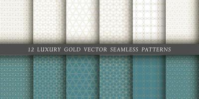 Set of 12 vector seamless patterns. Gold floral patterns on a white and emerald background.