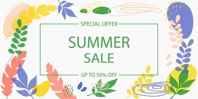 Summer sale banner with colorful plants and abstract elements. vector