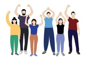 Set of women and men drawn in full length with arms raised above their heads, flat vector on white background, faceless illustration, young people protest