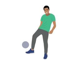 aficionado indio pateando la pelota con el pie, vector aislado de fondo blanco, retrato de un tipo con una pelota de fútbol