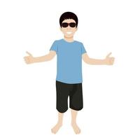 Barefoot boy in sunglasses, flat vector on white background, thumb up gesture
