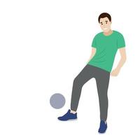 hombre aficionado pateando la pelota con el pie, vector aislado en fondo blanco, retrato de un tipo con una pelota de fútbol