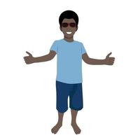 niño negro descalzo con gafas de sol, vector plano sobre fondo blanco, gesto de pulgar hacia arriba