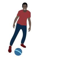 hombre aficionado negro jugando al fútbol, vector aislado en fondo blanco, retrato de un tipo con una pelota de fútbol