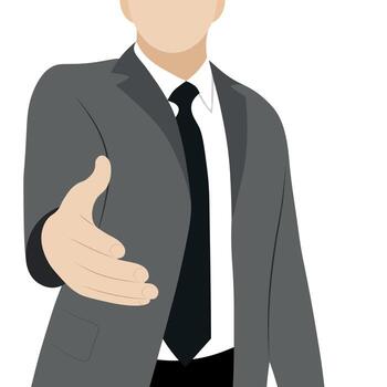 Portrait of a black guy in a business suit who extends his hand, flat vector, isolate on a white background, helping hand, faceless vector