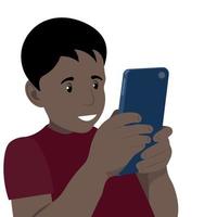 retrato de un niño negro con un teléfono en las manos, vector plano, aislado en un fondo blanco, niño con un aparato, adicción al teléfono