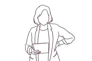 hand drawn business woman using tablet illustraton vector