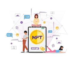 NFT concept illustration with people. People using their devices to make transaction to buy digital art. Vector cartoon illustration with NFT.