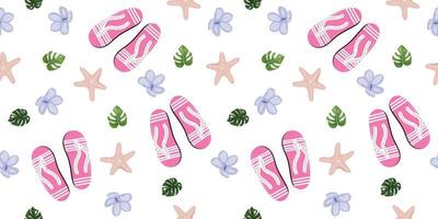 Seamless summer pattern with flip flops, sea star, flowers and monstera leaves. Background with summer items. For textile, wrapping paper, wallpaper, packaging. Vector pattern.