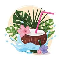 Tropical summer illustration with a cocktail from the coconut in the water splash with a straw and tropical leaves on the background. vector