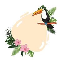 Illustration with black toucan bird with tropical leaves and pink frangipani flowers. Template for cards, advertisements, invitation, social media posts. Vector illustration.