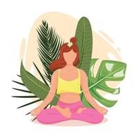 Woman in lotus pose meditating with the tropical leaves on the background. vector