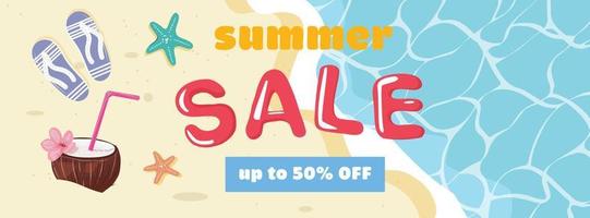 Summer sale banner with coconut, sea star and flip flops on the sand. Abstract beach flat illustration. Summer illustration for web marketing design.