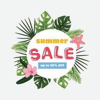 plantilla de círculo de venta tropical de verano con hojas tropicales en el fondo. pancarta de venta de verano. promoción de descuento.