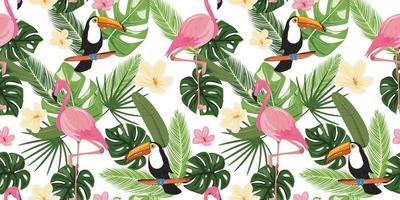 Seamless pattern with tropical birds and tropical leaves on the background.