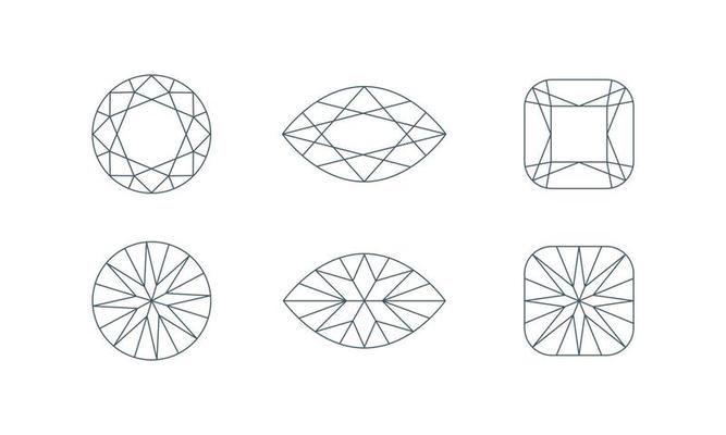 Diamond crystal shapes. Front and back view. Jewelry line icon set. Vector illustration