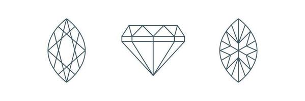 Marquise brilliant cut Line icon set. Back side  and Front view. Diamond geometric scheme. Vector
