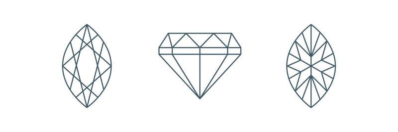 Marquise brilliant cut Line icon set. Back side  and Front view. Diamond geometric scheme. Vector