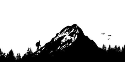 hombre escalando en la ilustración de vector de montaña. senderismo, bosque, naturaleza, pino, silueta de paisaje.