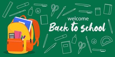 Back to school web banner, illustration of a bright school backpack with school items and elements. Student bag with class items and inscription. Vector banner design.