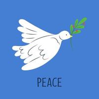 Dove of peace with olive branch and text on a blue background. World Peace Day greeting card. Hand drawn modern Vector illustration.