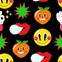 Seamless pattern of colorful funny retro characters. Hand-drawn vector illustration for printing on fabric, wallpaper, etc.