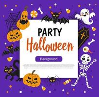 Happy Halloween banner or party invitation background with square frame and hand drawn holiday illustrations. Vector illustration. Place for your text.