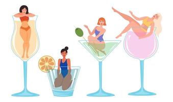 Collection of young women in glasses with cocktails. Colorful vector illustration in flat style.