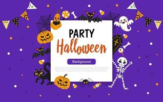 Happy Halloween banner or party invitation background with square frame and hand drawn holiday illustrations. Vector illustration. Place for your text.