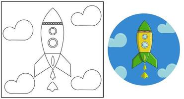 Coloring book. Cartoon clipart spaceship rocket for kids activity coloring pages. Vector illustration