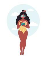 Black woman with summer cocktail. Hello summer, vacation, summertime, summer party vector