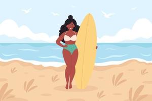 Black woman with surfboard on the beach. Summer activity, summertime, surfing. Hello summer. Summer Vacation