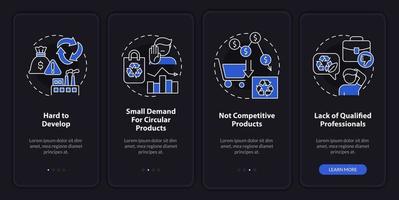 Circular economy disadvantages night mode onboarding mobile app screen. Walkthrough 4 steps graphic instructions pages with linear concepts. UI, UX, GUI template. vector