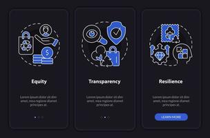 Circular economy key principles night mode onboarding mobile app screen. Walkthrough 3 steps graphic instructions pages with linear concepts. UI, UX, GUI template. vector