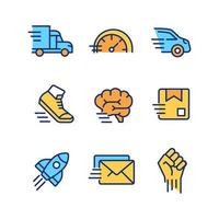 Motion and speed pixel perfect RGB color icons set. Fast motor vehicle. Parcel and letter delivery. Isolated vector illustrations. Simple filled line drawings collection. Editable stroke