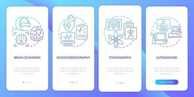 pantalla de la aplicación móvil de incorporación de degradado azul de imágenes de diagnóstico. tutorial médico 4 pasos páginas de instrucciones gráficas con conceptos lineales. interfaz de usuario, ux, plantilla de interfaz gráfica de usuario. vector