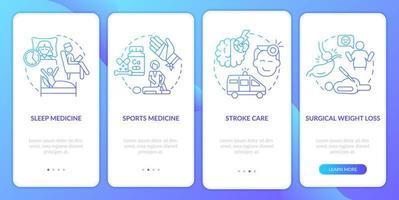 Services for patients blue gradient onboarding mobile app screen. Care walkthrough 4 steps graphic instructions pages with linear concepts. UI, UX, GUI template. vector