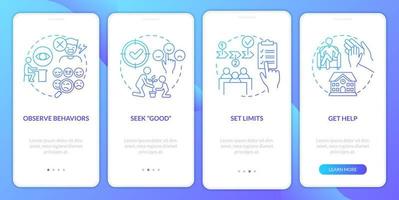 Conduct disorder teacher tips blue gradient onboarding mobile app screen. Walkthrough 4 steps graphic instructions pages with linear concepts. UI, UX, GUI template. vector