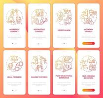 conjunto de pantalla de aplicación móvil de incorporación de gradiente rojo de trastorno de conducta. tutorial 4 pasos páginas de instrucciones gráficas con conceptos lineales. interfaz de usuario, ux, plantilla de interfaz gráfica de usuario. vector